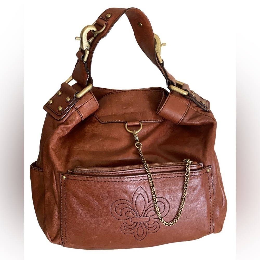 Gianni Bini Leather Handbag Satchel Oversized 13”x13” Brown Brass Hardwa…